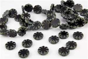 18mm Carved Flower Coin Czech Glass Beads - Jet Black Picasso