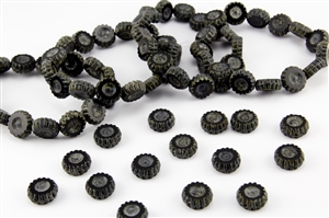 13mm Carved Coin Wheels Czech Glass Beads - Jet Black Picasso