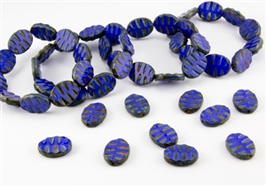 14x18.5mm Wavy Carved Oval Czech Glass Beads - Opaque Blue Picasso