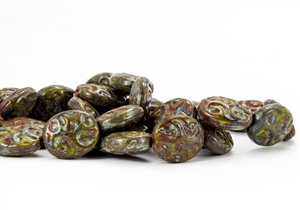 17x14mm Carved Ovals Czech Glass Beads - Green Brown Picasso