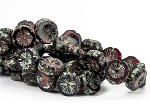 14mm Carved Hawaiian Flower Czech Glass Beads - Transparent Ruby Picasso