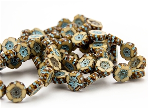 12mm Carved Hawaiian Flower Czech Glass Beads - Beige Picasso Pale Turquoise Wash