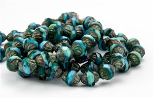 11x10mm Turbine Czech Glass Beads - Aqua and Turquoise Picasso