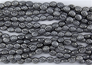 9mm x 10mm Oval Shamrock Clover Czech Glass Beads - Hematite Silver Inlay