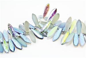 5x15mm Czech Dagger Pressed Glass Beads - Etched Crystal Blue Rainbow