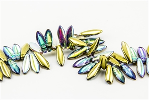 5x15mm 2-Hole Czech Dagger Pressed Glass Beads - Crystal Golden Rainbow