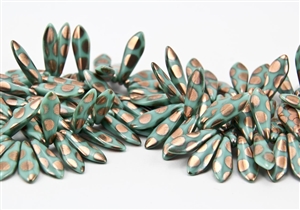 5x15mm Czech Dagger Pressed Glass Beads - Turquoise Copper Peacock