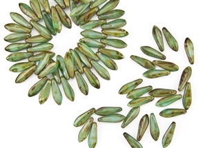 5x15mm Czech Dagger Pressed Glass Beads - Milky Green Turquoise Picasso