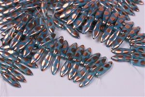 5x15mm Czech Dagger Pressed Glass Beads - Opal Aqua Copper Dots Peacock