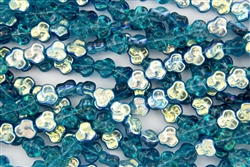 9mm Flat Pansy Flower Czech Glass Beads - Teal Vitral