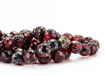 12mm Firepolish Round Czech Glass Beads - Transparent Ruby Picasso