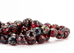 12mm Firepolish Round Czech Glass Beads - Transparent Ruby Picasso
