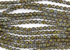 6mm Firepolish Czech Glass Beads - Opaque Olive Picasso