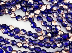 8mm Firepolish Czech Glass Beads - Transparent Cobalt Copper Half Coat