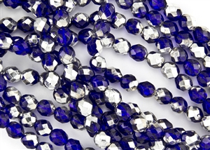8mm Firepolish Czech Glass Beads - Transparent Cobalt Silver Half Coat