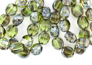 12x9mm Faceted Round Table Cut Czech Glass Beads - Green Picasso