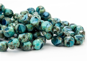 12x9mm Faceted Round Table Cut Czech Glass Beads - Turquoise and Capri Blue Picasso