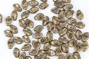 9x14mm Czech Beads Pressed Glass Leaves - Transparent Picasso Bronze Luster