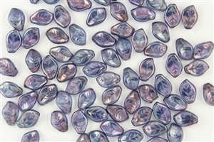 9x14mm Czech Beads Pressed Glass Leaves - Transparent Amethyst Luster