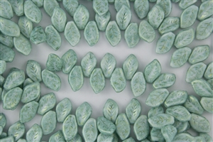 9x14mm Czech Beads Pressed Glass Leaves - White and Mint Pearlescent