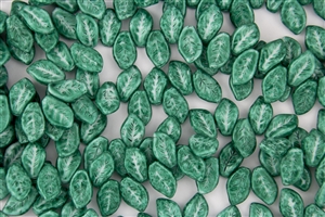 9x14mm Czech Beads Pressed Glass Leaves - White and Emerald Pearlescent