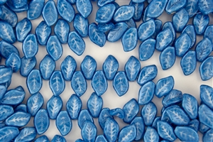 9x14mm Czech Beads Pressed Glass Leaves - White and Blue Pearlescent