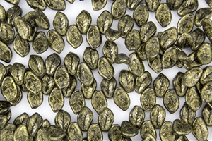 9x14mm Czech Beads Pressed Glass Leaves - Black and Antique Gold Pearlescent