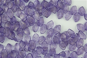 9x14mm Czech Beads Pressed Glass Leaves - Transparent Tanzanite Gold Luster