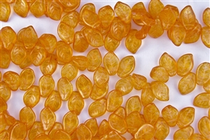 9x14mm Czech Beads Pressed Glass Leaves - Transparent Orange Gold Luster