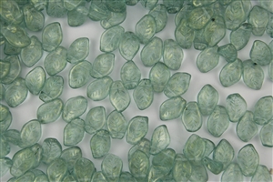 9x14mm Czech Beads Pressed Glass Leaves - Transparent Mint Gold Luster