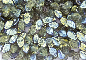 9x14mm Czech Beads Pressed Glass Leaves - Black Diamond AB