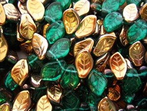 9x14mm Czech Beads Pressed Glass Leaves - Bronze Emerald