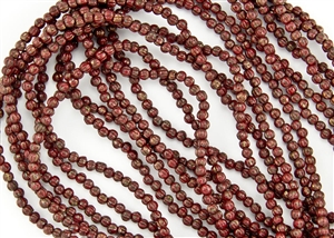 3mm Corrugated Melon Round Czech Glass Beads - Opaque Red Bronze Picasso
