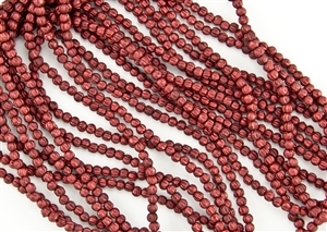 3mm Corrugated Melon Round Czech Glass Beads - Matte Metallic Lava Red