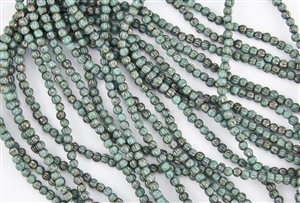 3mm Corrugated Melon Round Czech Glass Beads - Turquoise Bronze Picasso