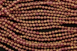 5mm Corrugated Melon Round Czech Glass Beads - Candy Pink Halo