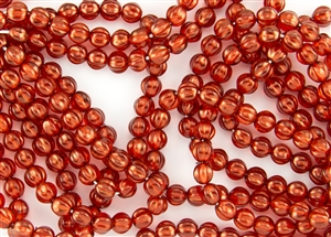 6mm Corrugated Melon Round Czech Glass Beads - Cardinal Red Luster