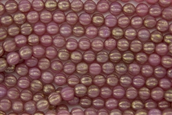 8mm Corrugated Melon Round Czech Glass Beads - Milky Pink Marbled Gold