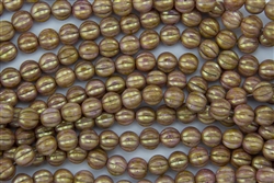 8mm Corrugated Melon Round Czech Glass Beads - Opaque Rose Gold Topaz Luster