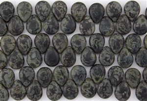 12x16mm Pear Shaped Drops Pressed Czech Glass Beads - Jet Black Matte Picasso