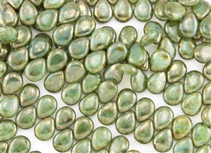 12x16mm Pear Shaped Drops Pressed Czech Glass Beads - Milky Peridot Bronze Picasso