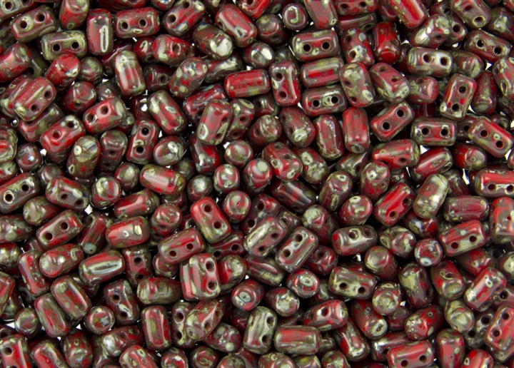 Rulla Two Hole Cylinder Czech Glass Beads - Opaque Red Silver Blue Picasso  R114
