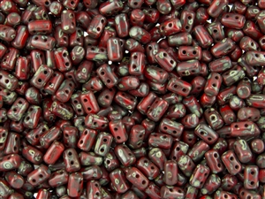 Rulla Two Hole Cylinder Czech Glass Beads - Opaque Red Picasso R115