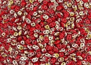 SuperDuo 2/5mm Two Hole Czech Glass Seed Beads - Opaque Coral Red Apollo Gold SD860