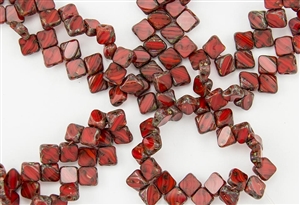 6mm Two-Hole Czech Glass Silky Beads - Red Swirl Picasso