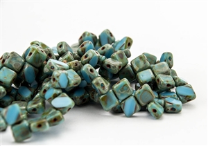 6mm Two-Hole Czech Glass Silky Beads - Blue Turquoise Picasso