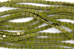 CzechMates 6mm Tiles Czech Glass Beads - Opaque Olive Moon Dust T73