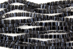 CzechMates 6mm Tiles Czech Glass Beads - Jet Black Grey Stripe T76