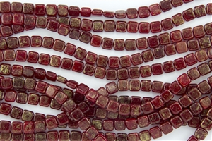 CzechMates 6mm Tiles Czech Glass Beads - Ruby Gold Marbled T80