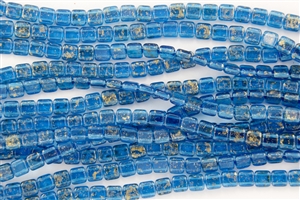 CzechMates 6mm Tiles Czech Glass Beads - Capri Blue Gold Marbled T82